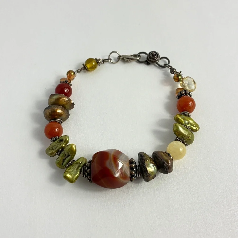 Artisan Beaded Bracelet Green Baroque Pearls Carnelian Citrine Earthy Tones